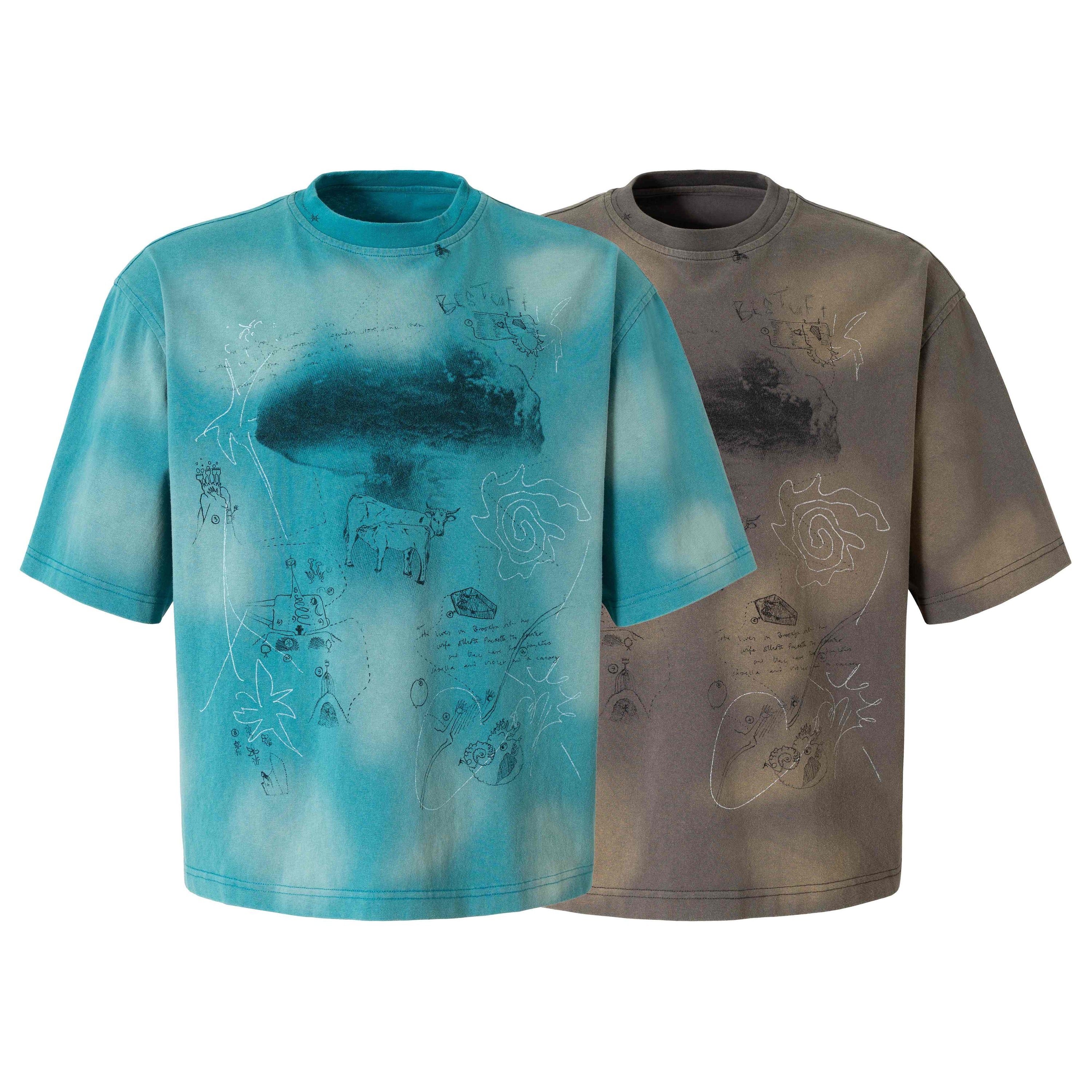 Omirad Abstract Sketch Washed Tee in teal and grey, oversized fit with hand-drawn surreal graphic print and vintage spray-dye