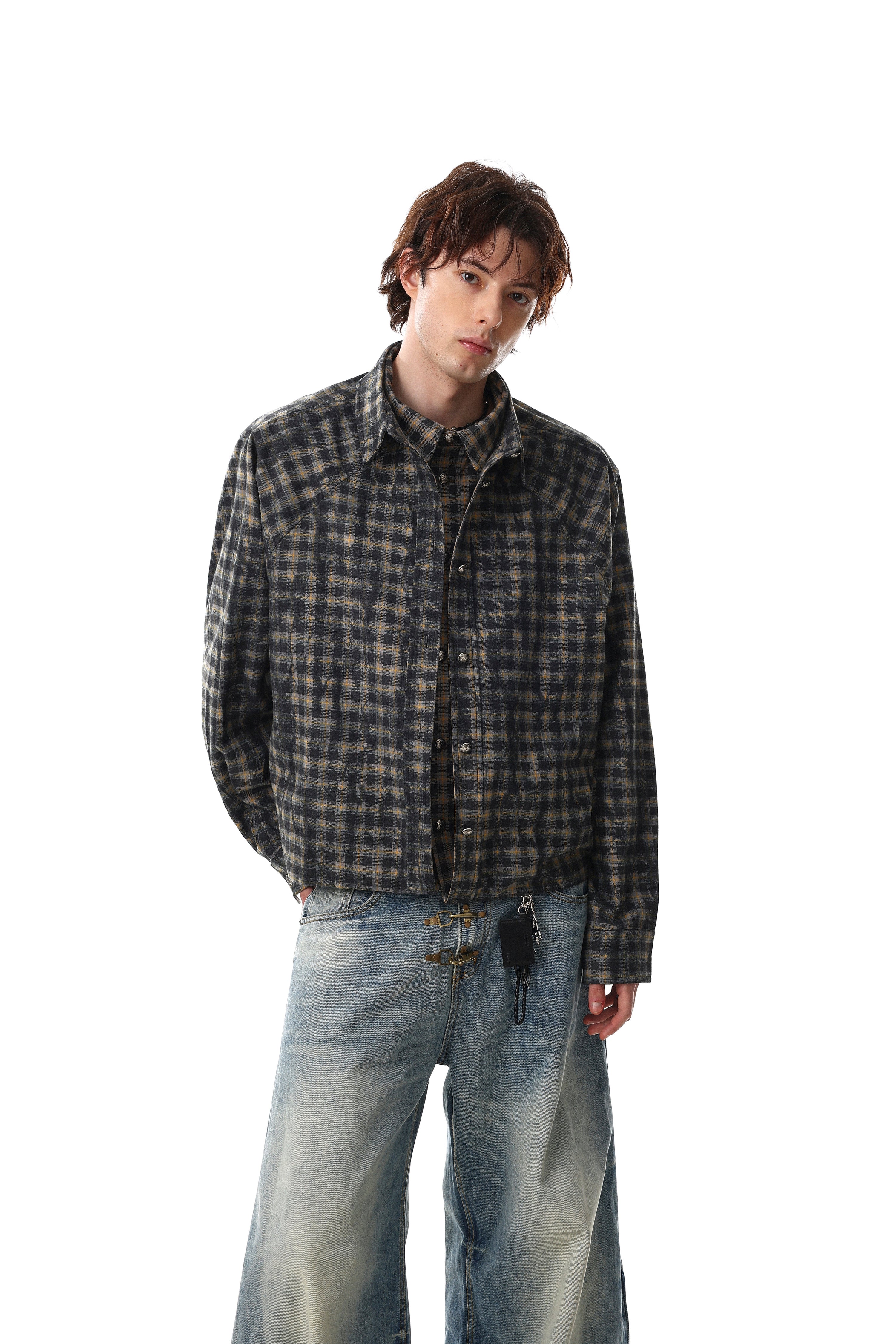 Omirad Vintage Washed Plaid Button-Up Jacket | Cropped Boxy Fit