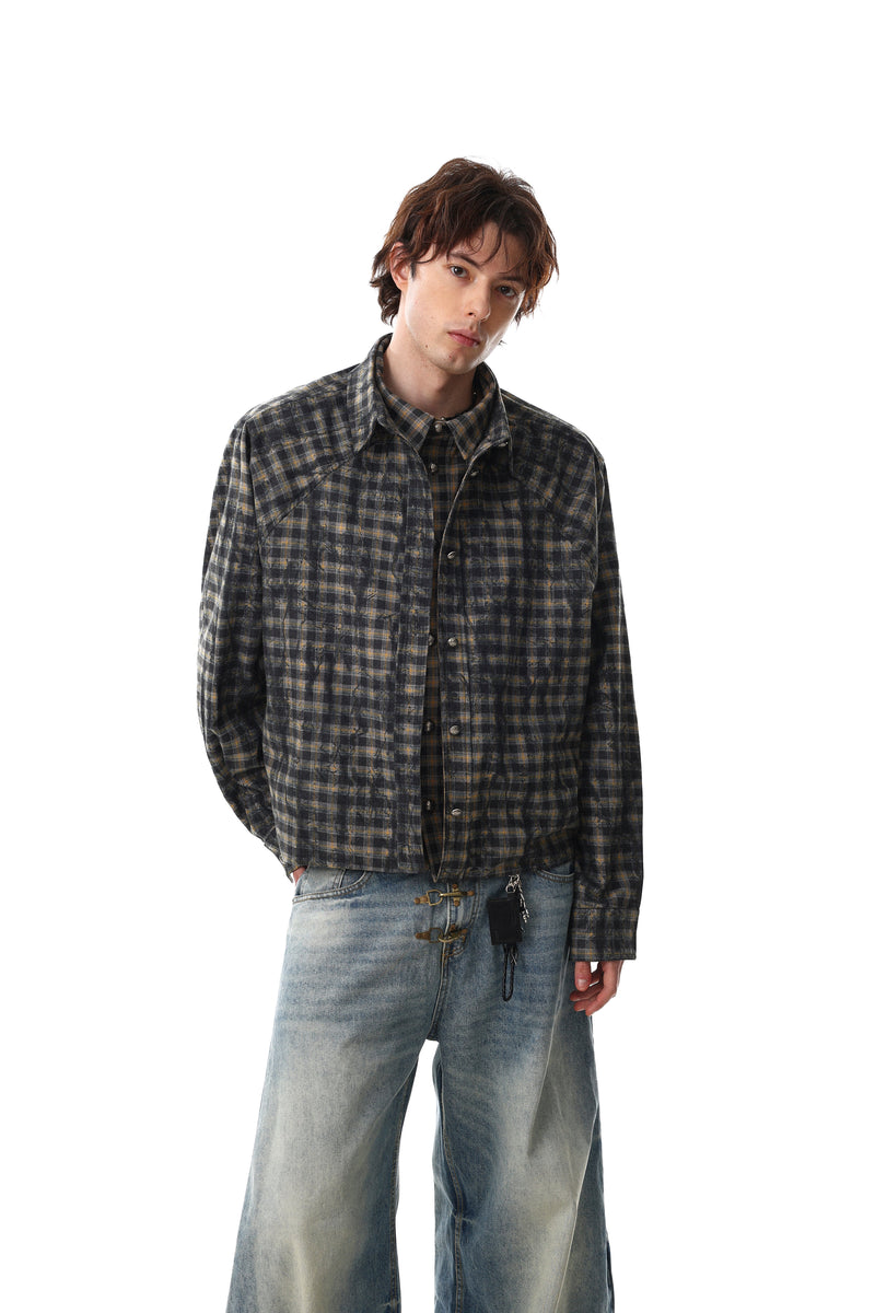Omirad Vintage Washed Plaid Button-Up Jacket | Cropped Boxy Fit