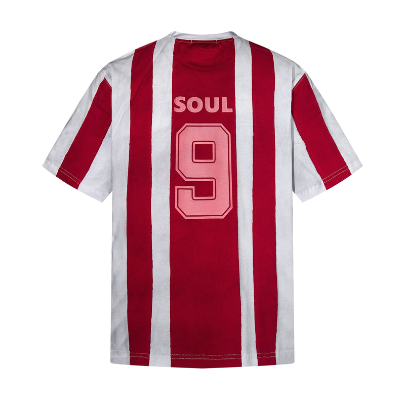 Red and white striped football jersey tee with SOUL and number 9 graphic on the back, streetwear style