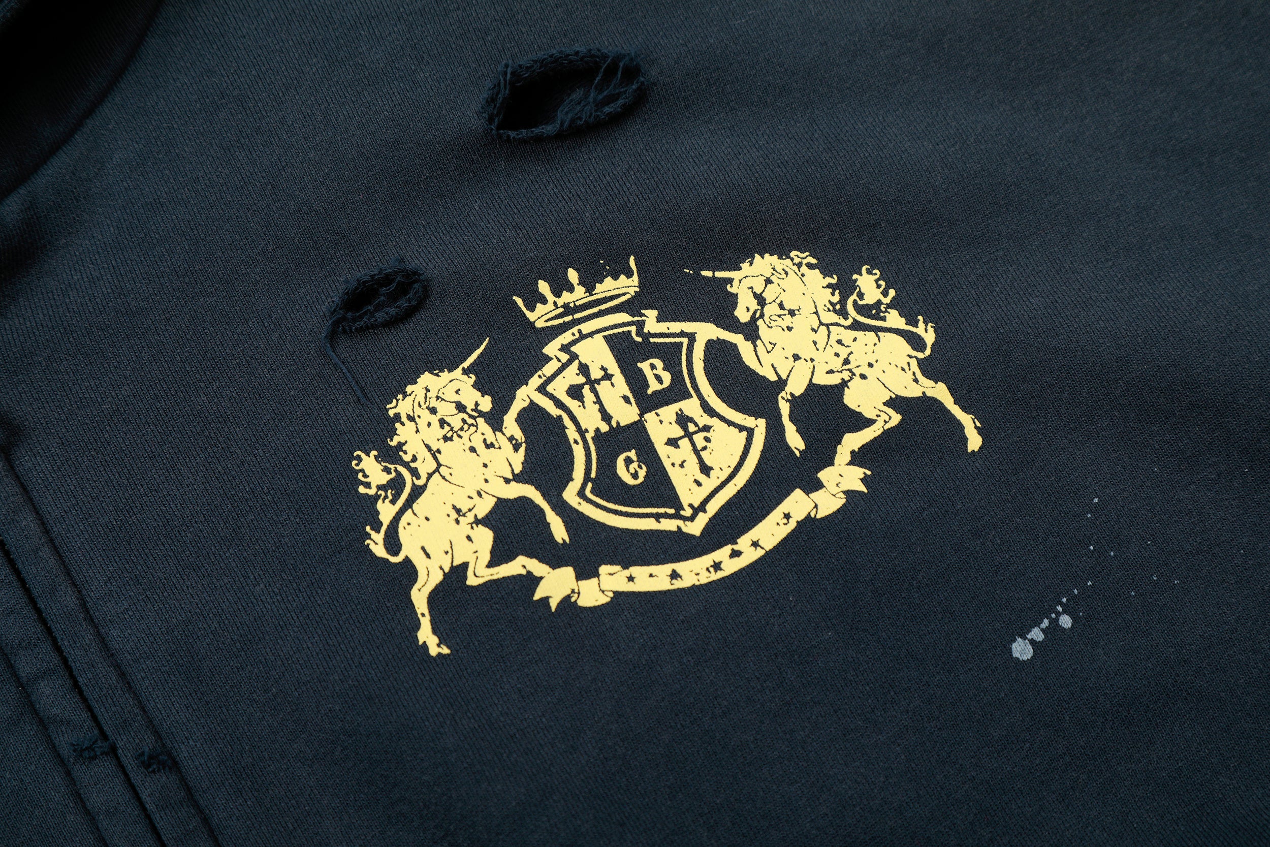 Distressed Crest Zip-Up Hoodie | Navy Gold Graphic Streetwear