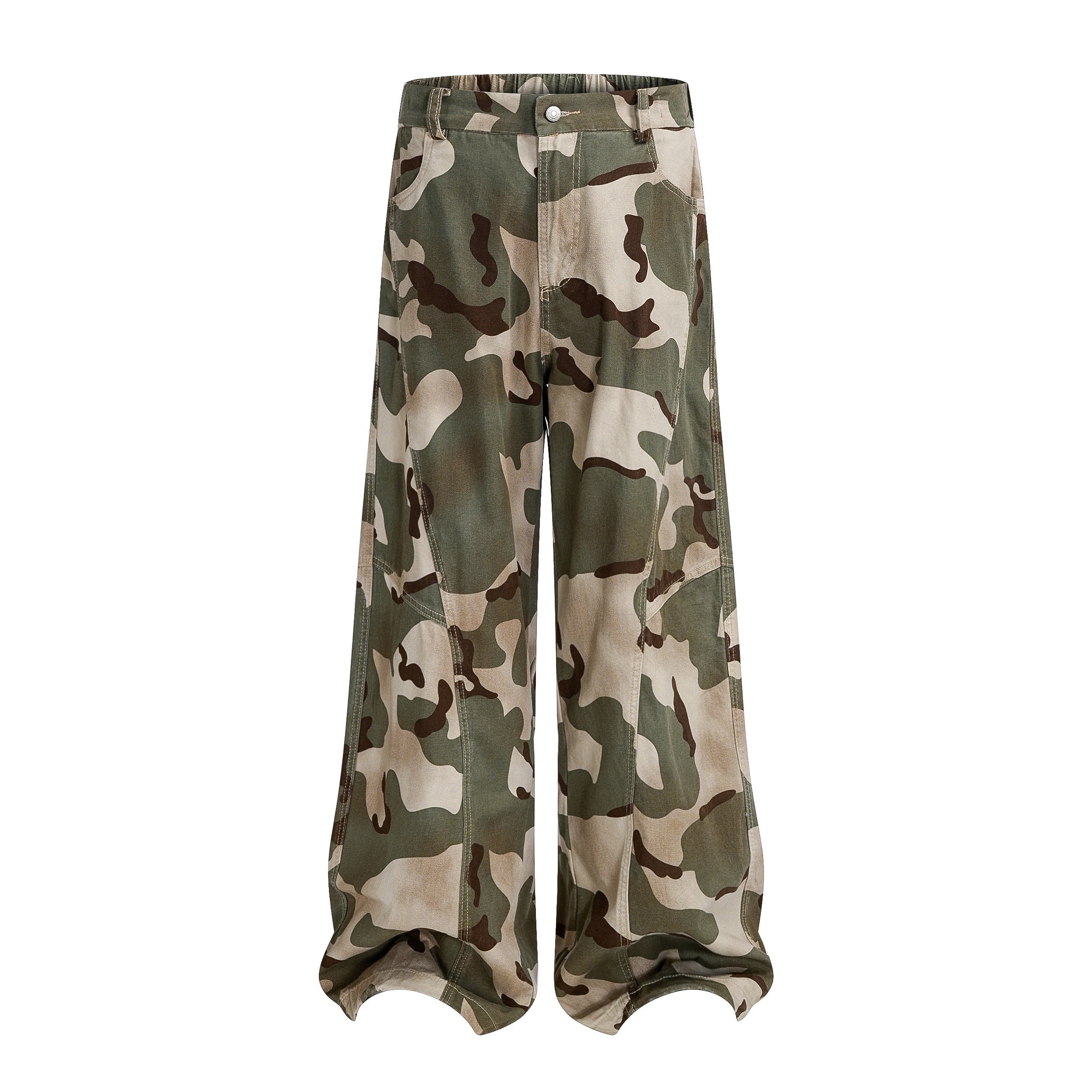 Front view of wide-leg camouflage pants in olive, sand, and brown tones with reinforced panel stitching and button waist