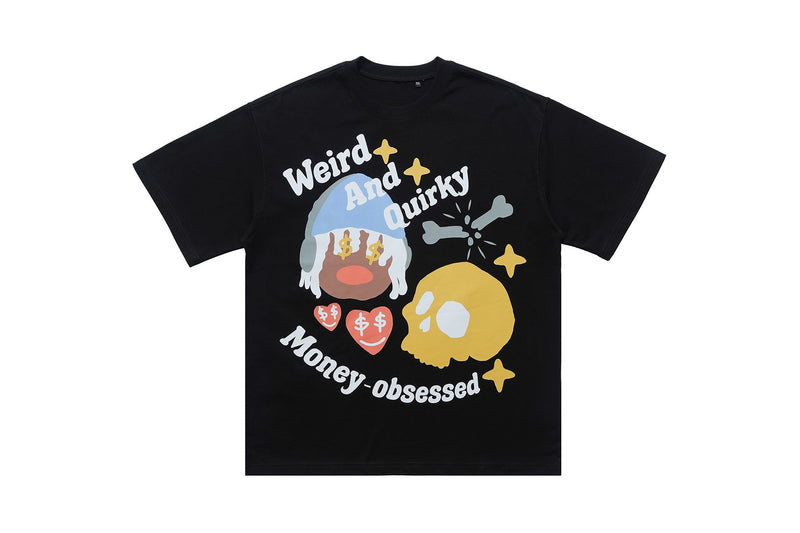 Black graphic tee with Weird and Quirky money-obsessed skull print and bold streetwear lettering