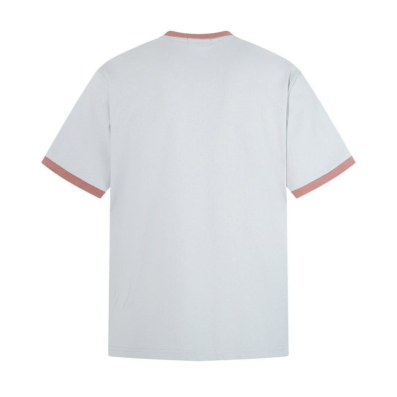 Back view of white ringer T-shirt with pink trim, vintage retro Y2K style and relaxed fit