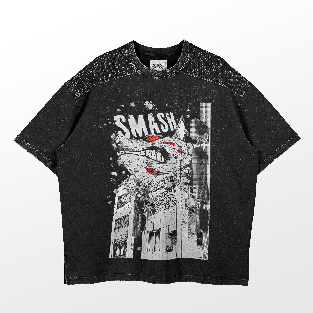 The Chainsaw Man Smash T-Shirt from the Chainsaw Man brand is a 100% cotton anime shirt featuring a graphic design of a dinosaur smashing through skyscrapers, with "SMASH" printed in bold white letters on a textured black background.