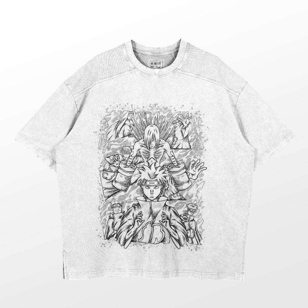 The Naruto Pain and Six Paths Washed Vintage T-Shirt, made from 260 GSM high-quality cotton, displays a grayscale illustration of humanoid figures in mystical poses. One meditates in front while others appear dynamically above, inspired by vintage streetwear.