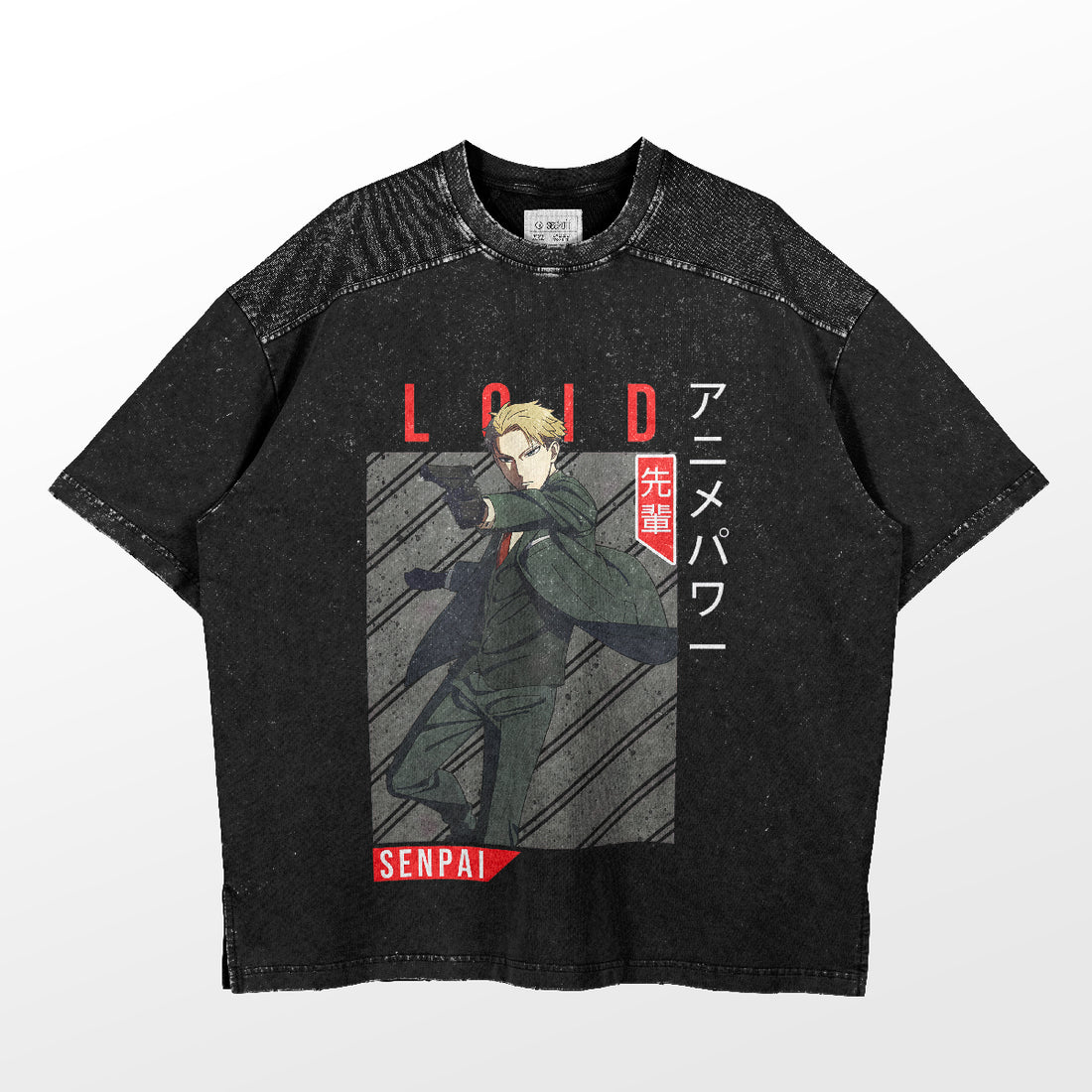 The Spy Family Loid Forger T-Shirt, from the Spy × Family line, features Loid in a suit with a gun, &quot;LOID,&quot; and &quot;SENPAI&quot; in red and white along with Japanese text. It has textured mesh-like shoulders for style.