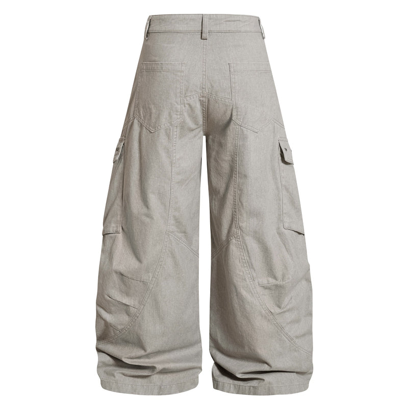Beige cargo pants, back view with wide legs and side pockets