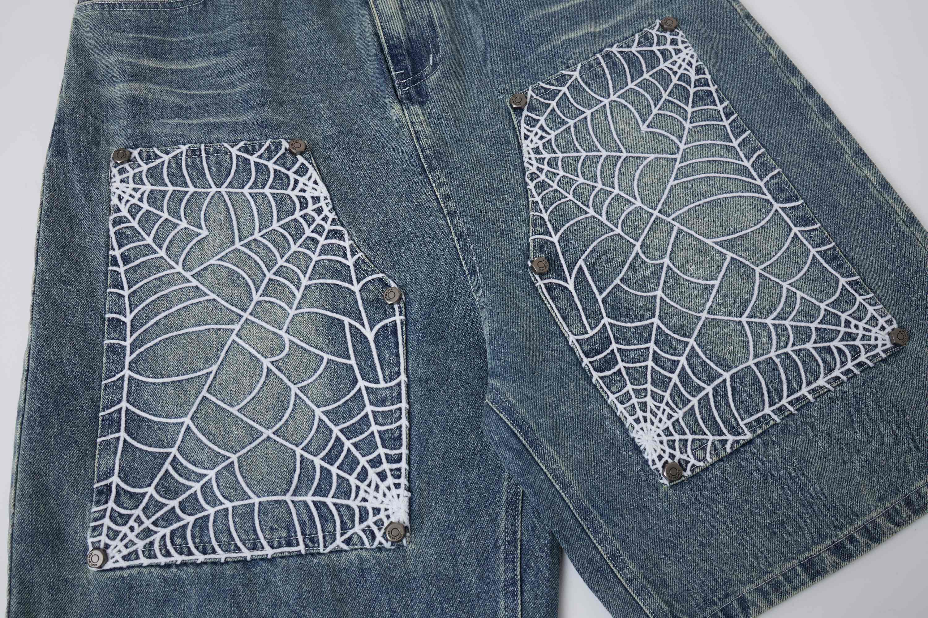 Spiderweb Panel Strap Denim Shorts | Washed Black Streetwear
