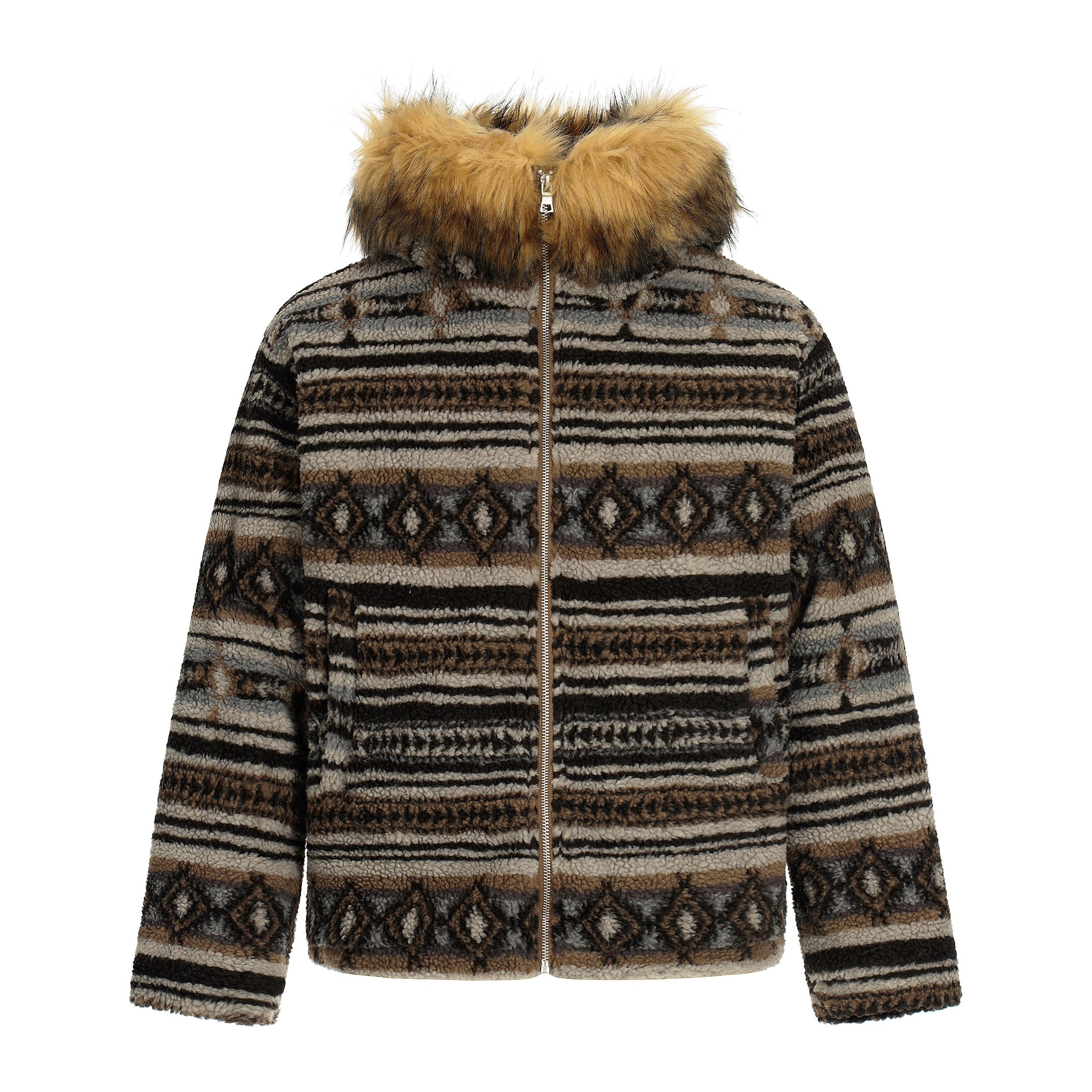 Nordic Faux Fur-Trim Hooded Zip Jacket | Ethnic Pattern