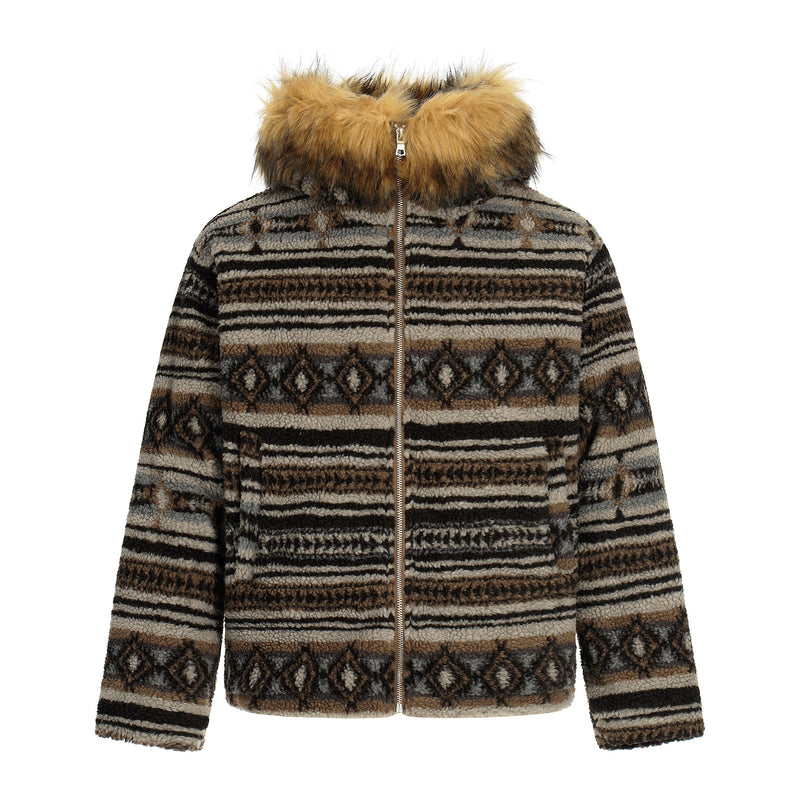 Nordic Faux Fur-Trim Hooded Zip Jacket | Ethnic Pattern