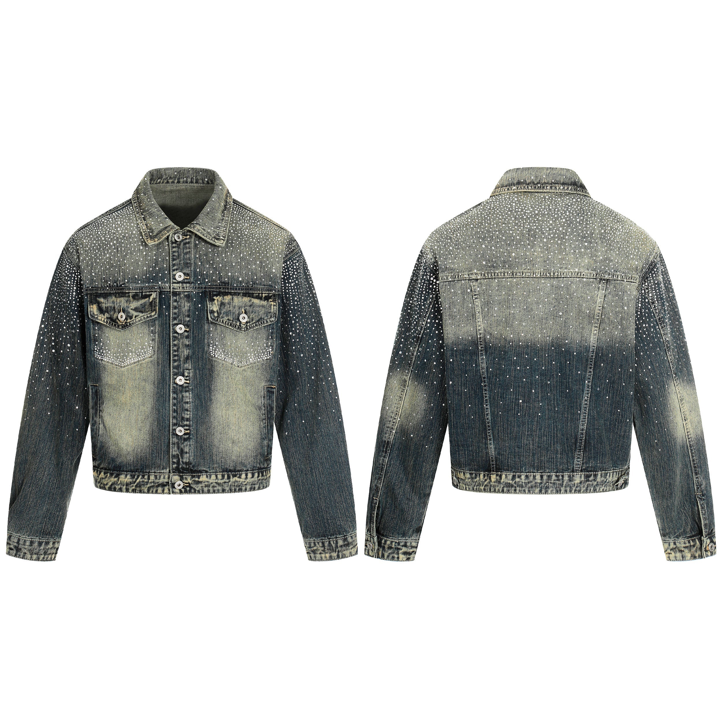 Front and back view of a vintage gradient wash denim jacket with scattered rhinestone embellishments across shoulders and sle