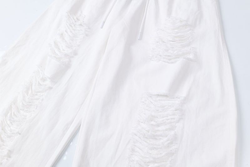 Omirad Distressed Wide-Leg Pants | White Cotton Barrel Fit