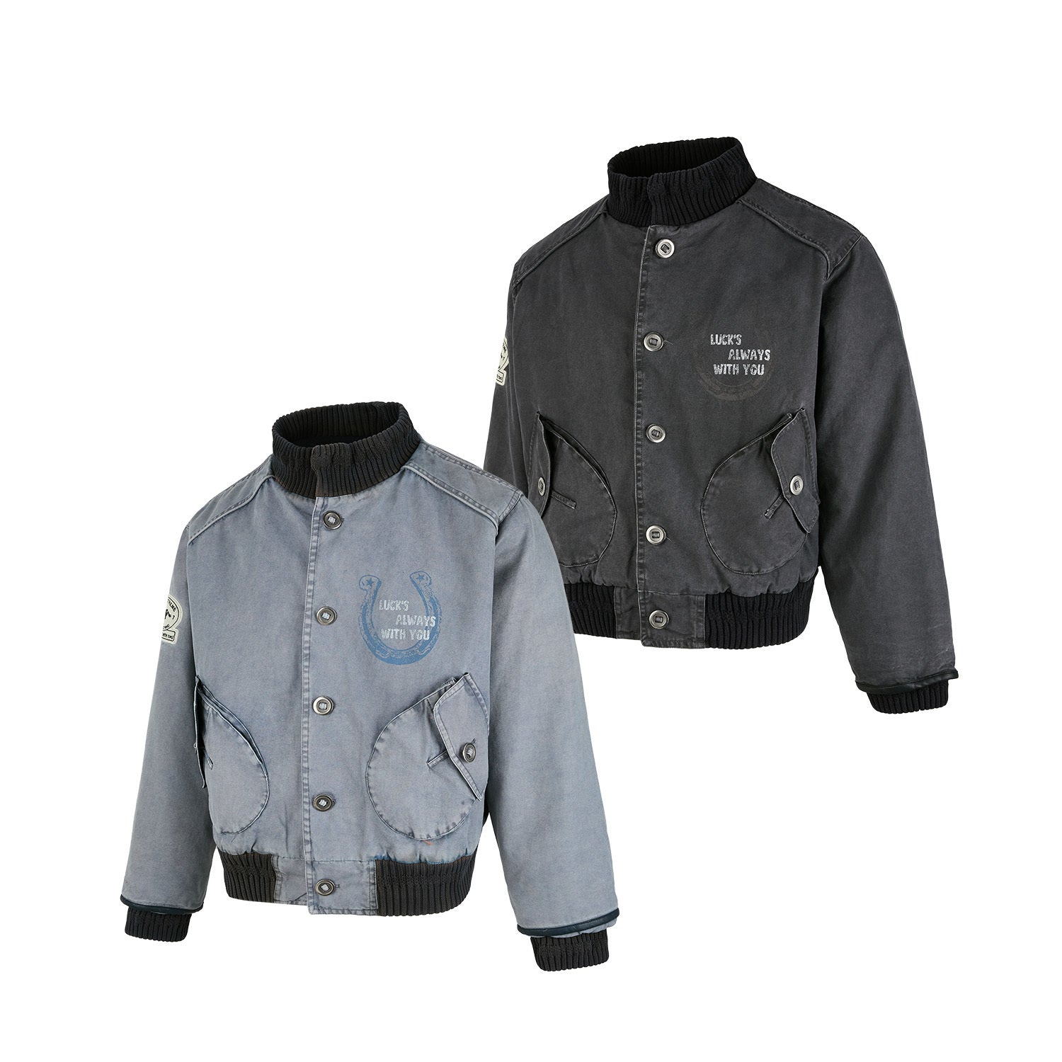 Omirad vintage washed varsity bomber jacket in faded grey-blue and washed charcoal, shown front view with ribbed collar and c