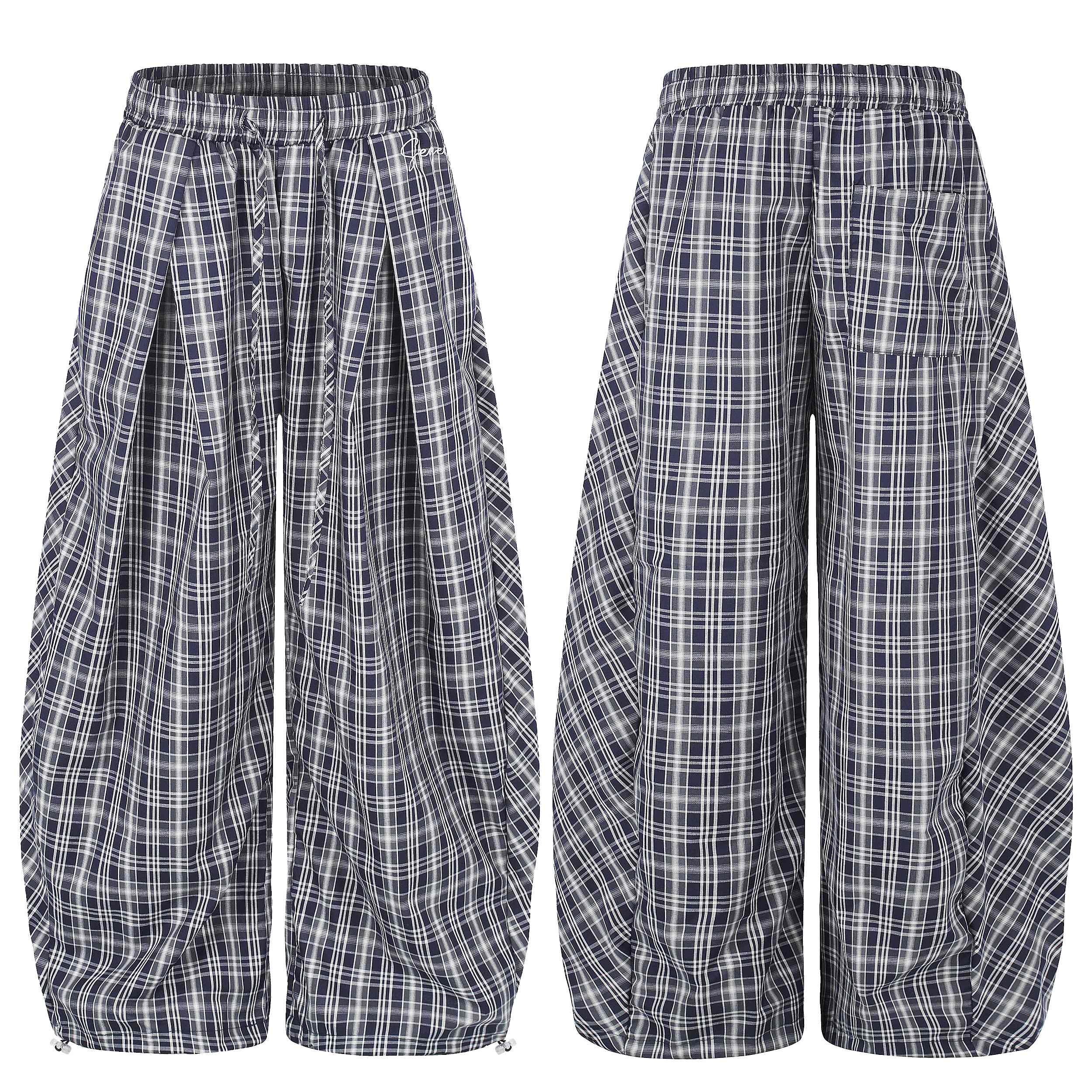 Front and back view of navy grey plaid balloon wide-leg pants with elastic drawstring waist and adjustable hem cords
