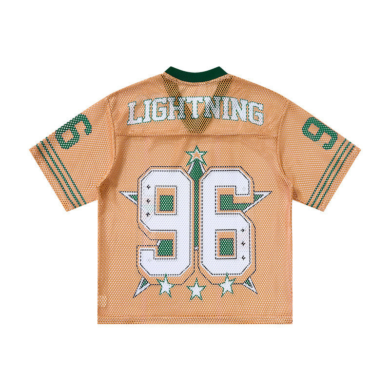 Orange mesh jersey T-shirt with green trim, Lightning 96 graphic, and streetwear style on the back