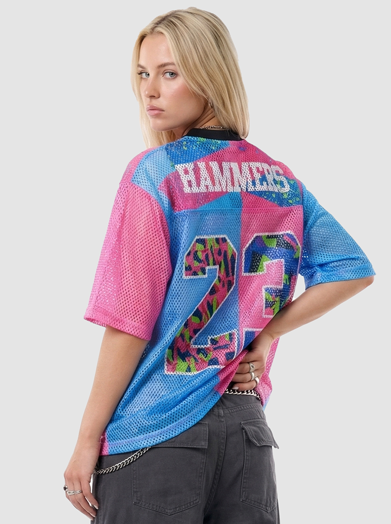 Split-color mesh jersey T-shirt with Hammers 23 graphic, featuring pink and blue panels on a model viewed from the back