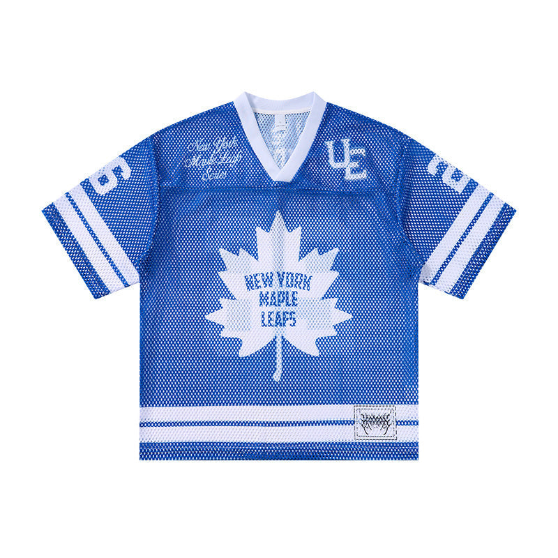 Royal blue mesh jersey t-shirt with white maple leaf graphic and New York Maple Leafs lettering on the front