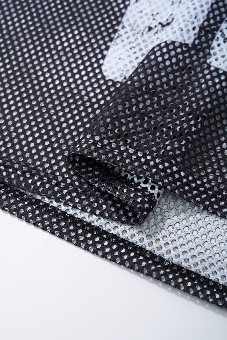 Black camo mesh jersey T-shirt with perforated fabric and stitched hem detail