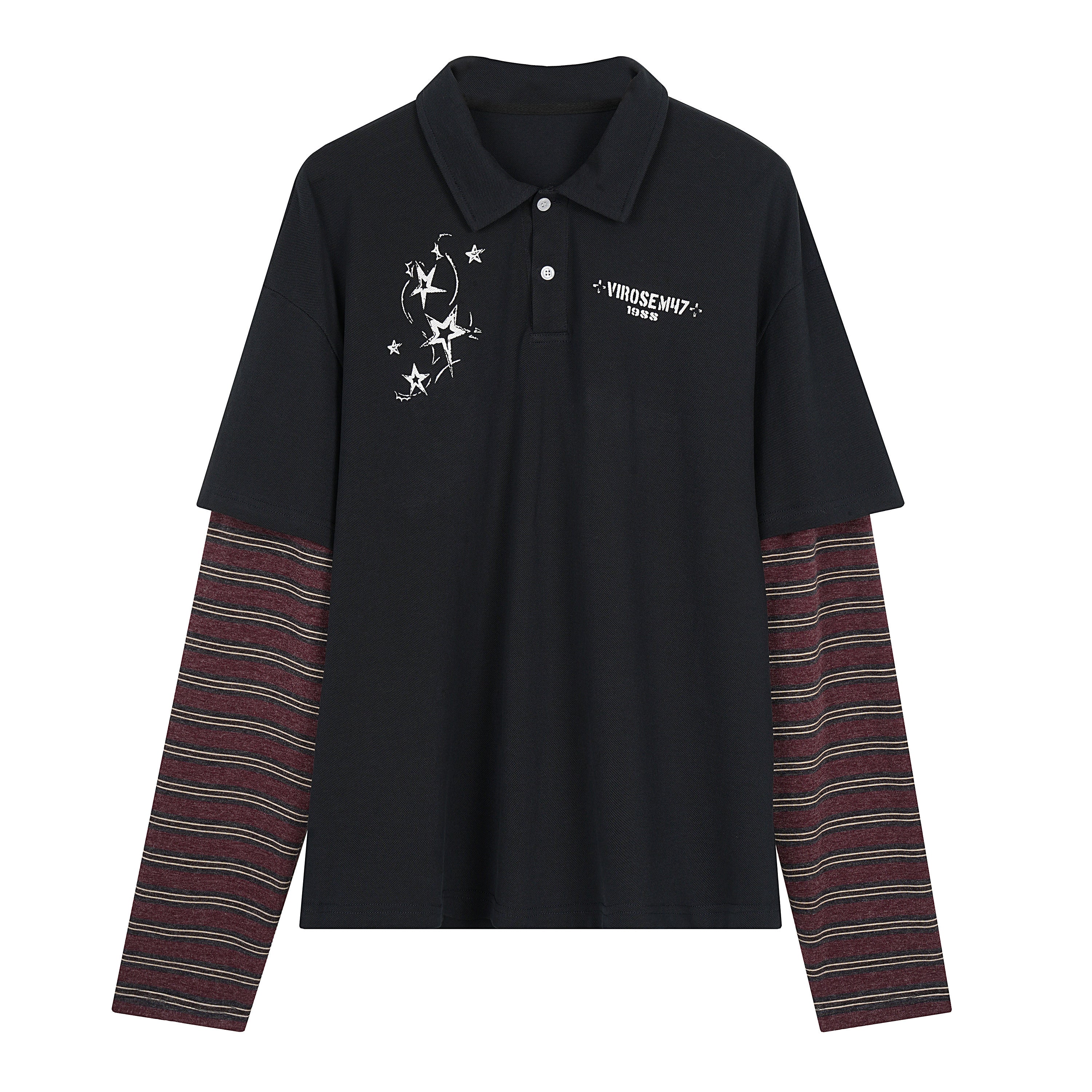 Black layered polo shirt with star graphic print on chest and burgundy striped contrast long sleeves, front view
