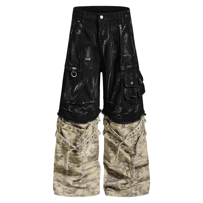 Black washed cargo jeans with beige camouflage lower legs and stacked wide hems