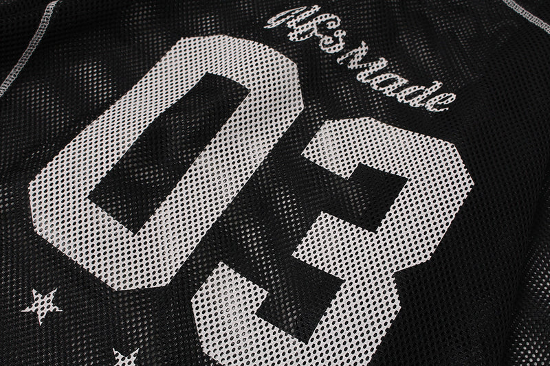 Black mesh jersey tee with oversized white 03 graphic and GlfsMade logo print in streetwear style