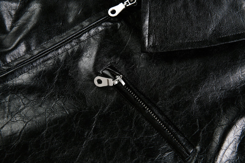Omirad PU Leather Graphic Jacket | Black Crinkle Streetwear
