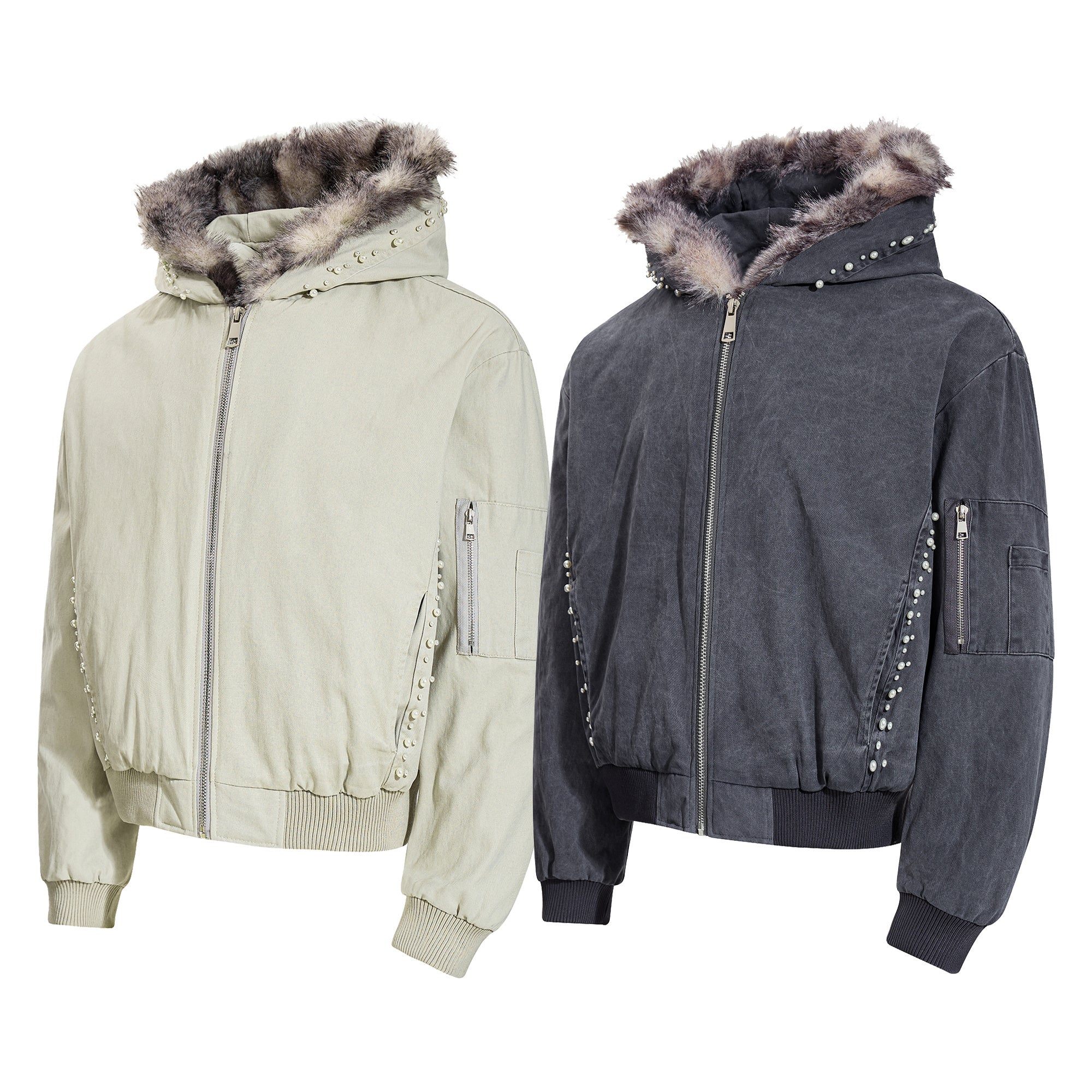 Studded Faux Fur-Trim Hooded Bomber Jacket | Washed Cotton