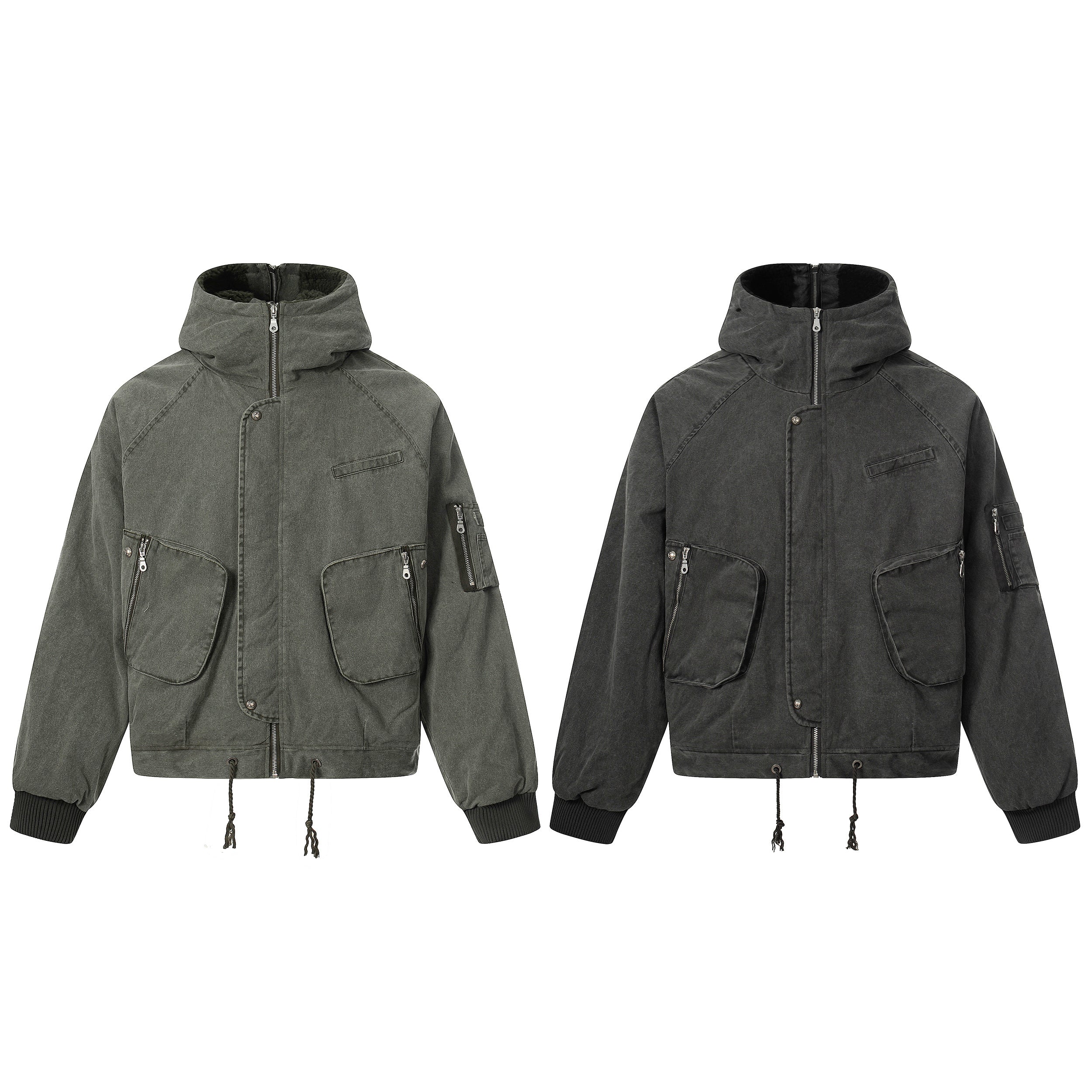 Washed cotton utility hooded jacket in olive grey with oversized flap pockets, zip details, and ribbed cuffs