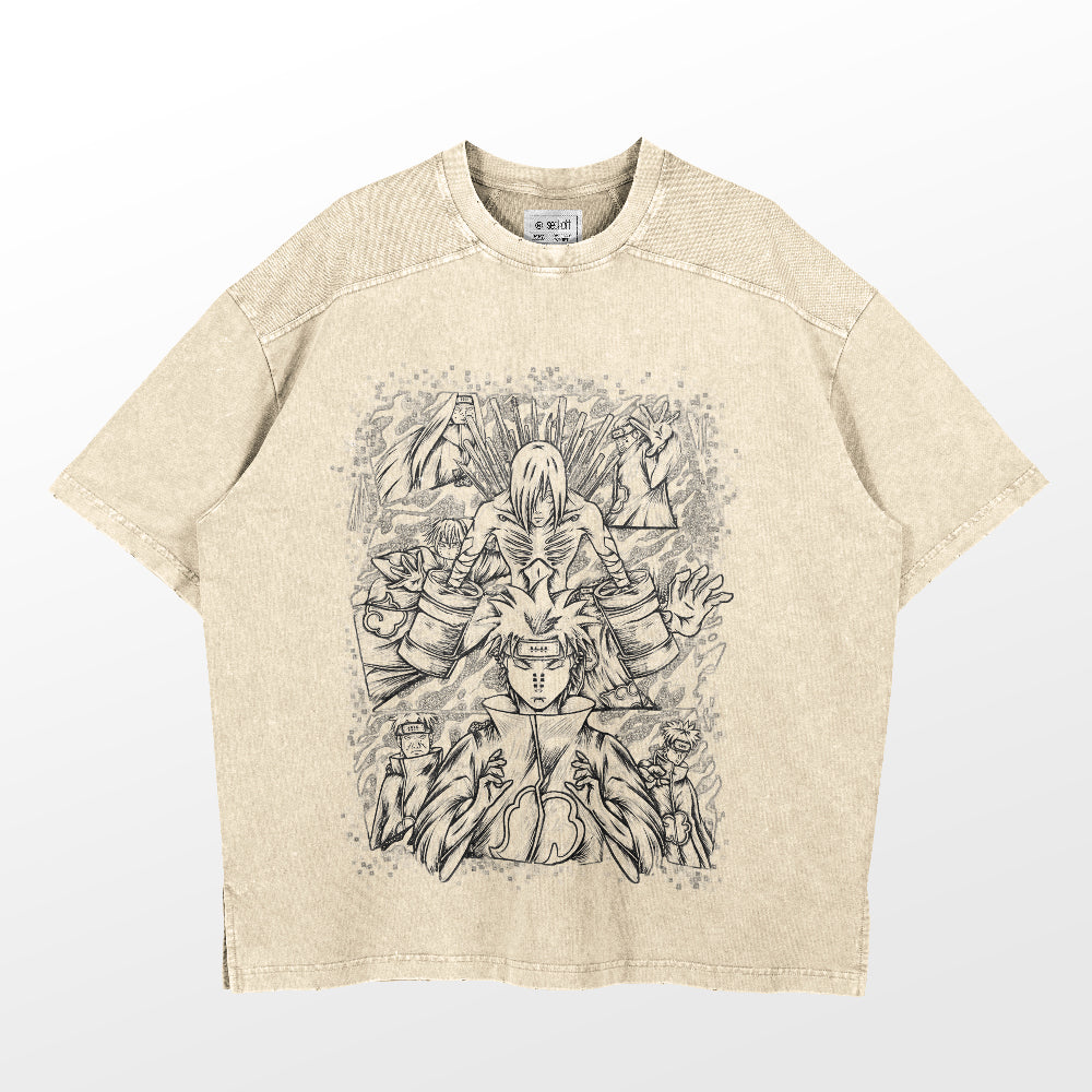 The Naruto Pain and Six Paths Washed Vintage T-Shirt by Naruto is made from 260 GSM high-quality cotton, featuring an illustration with one sitting and another standing figure. Its abstract elements give a vintage streetwear vibe, offering a relaxed fit with a round neck for anime fans seeking subtle flair.