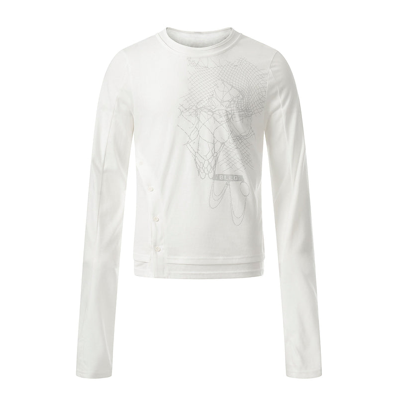 White long sleeve tee with pale abstract cracked-line graphic on the front