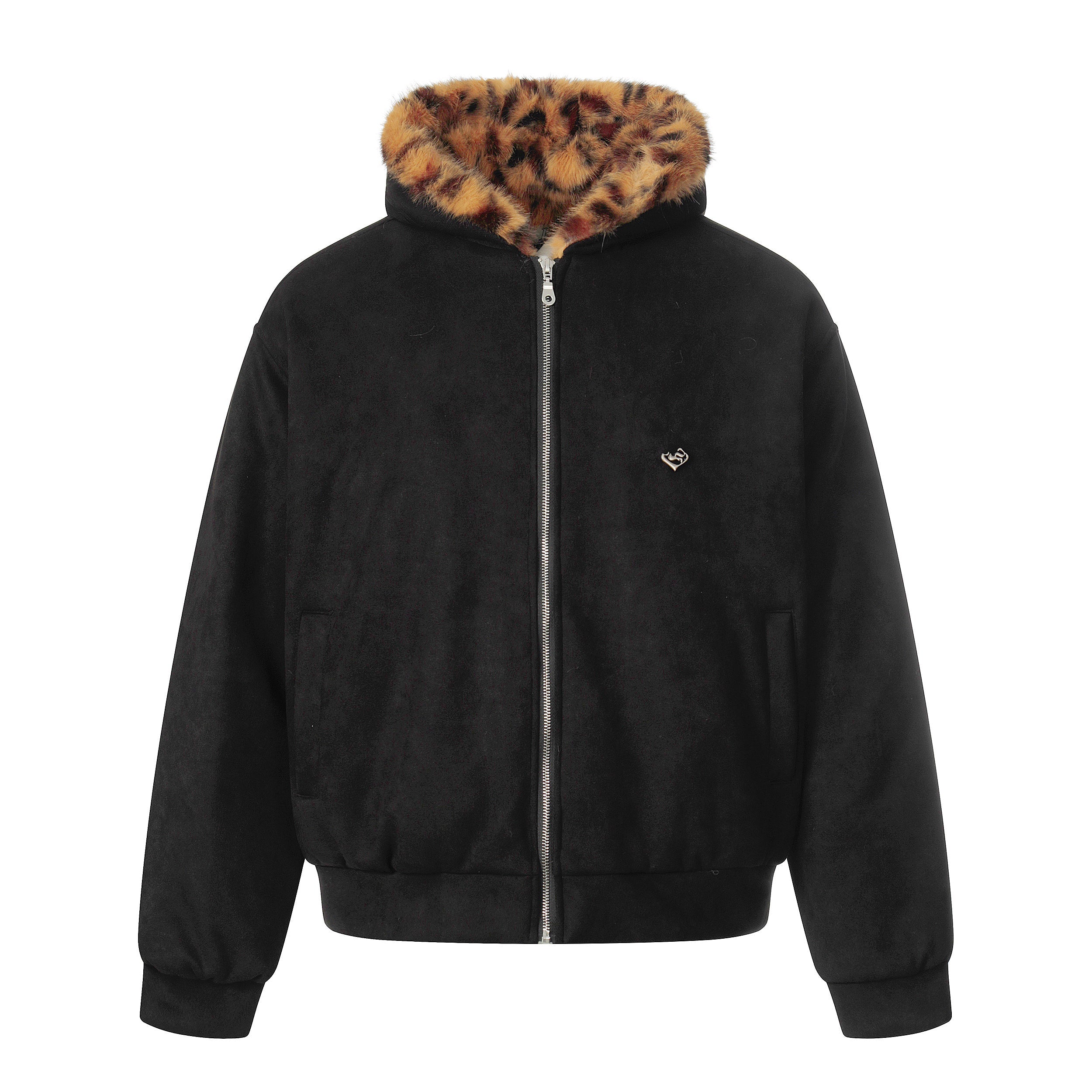 Leopard Faux Fur-Lined Bomber Jacket with Bear Ear Hood