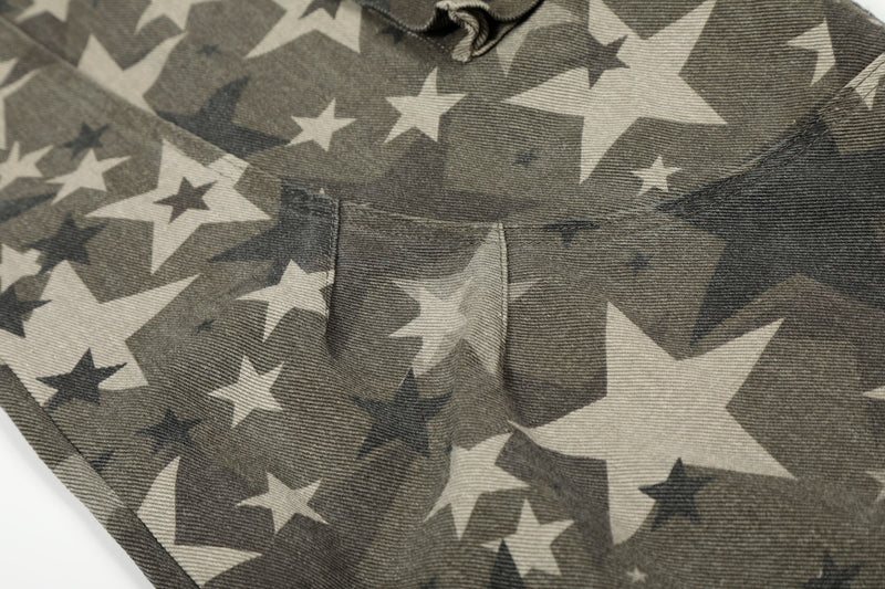 Close-up of front pocket and hip seam on star camo cargo pants