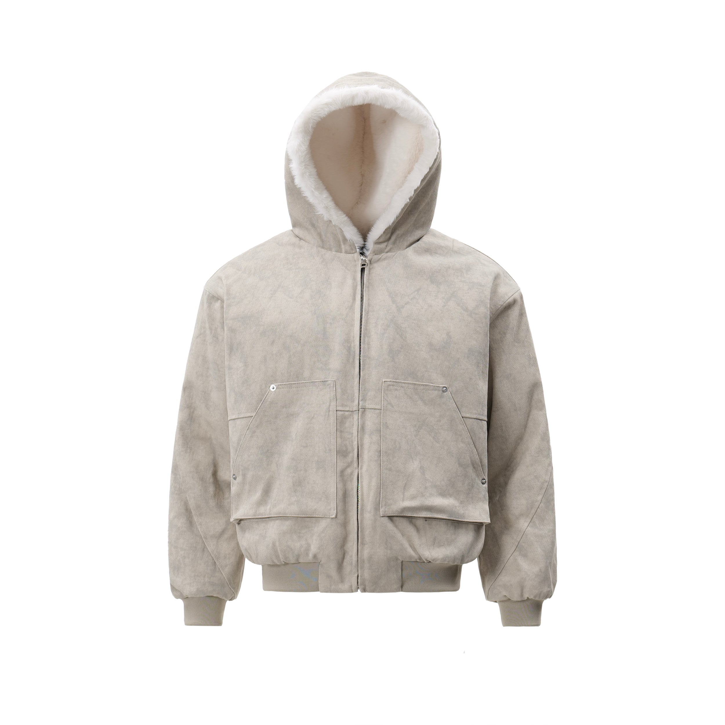 Front view of a grey washed cotton hooded bomber jacket with faux-shearling lining and oversized utility pockets