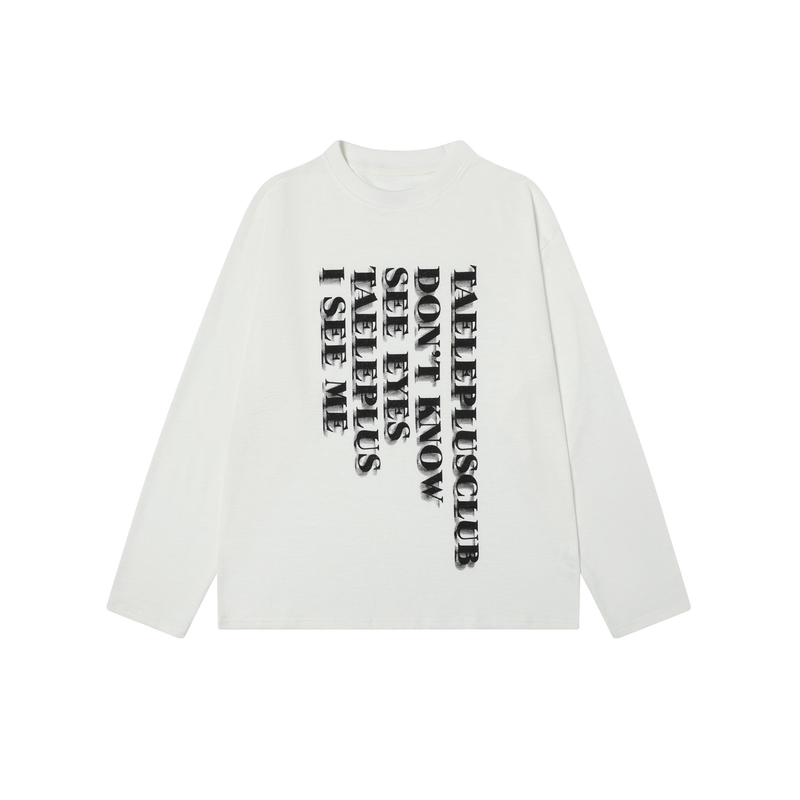 White long sleeve tee with vertical black shadow-style slogan print on the front