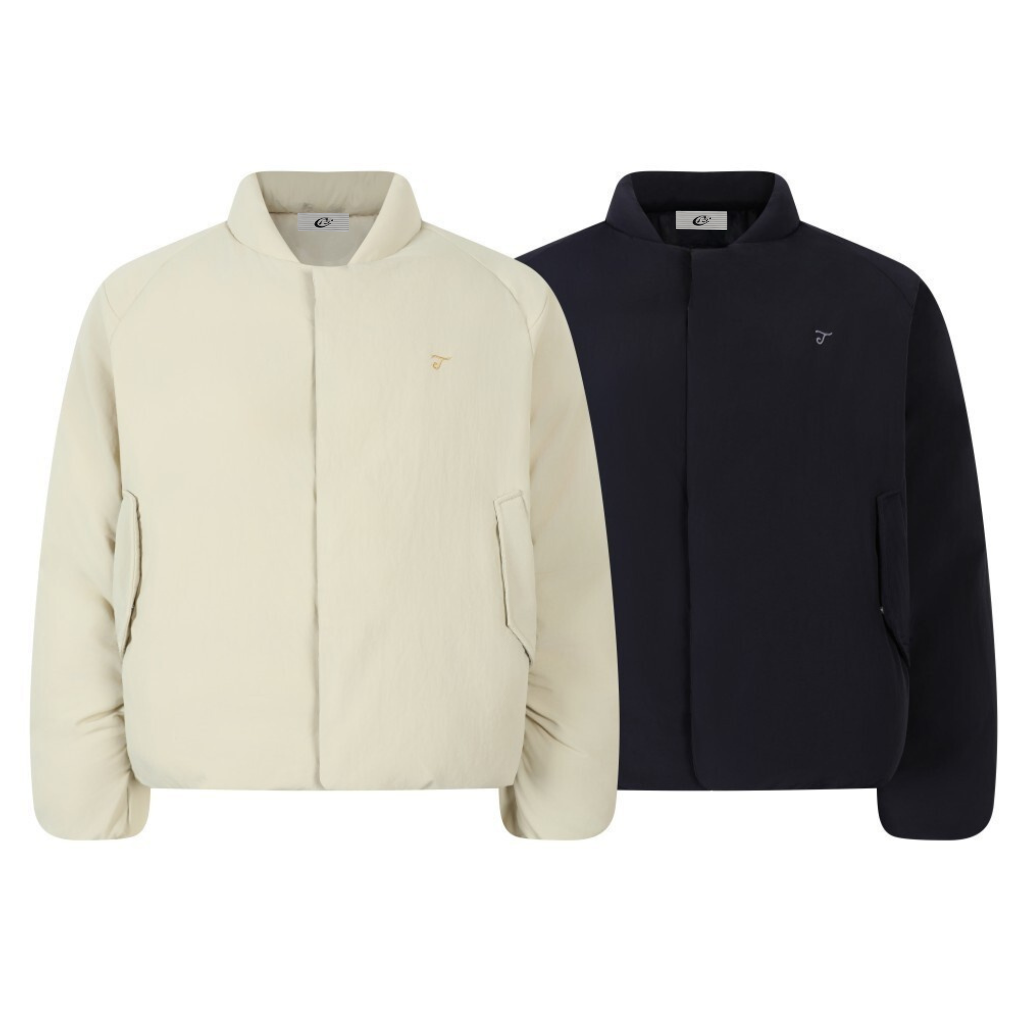 Omirad Minimal Nylon Bomber Jacket in cream and navy colorways with stand collar and tonal chest logo