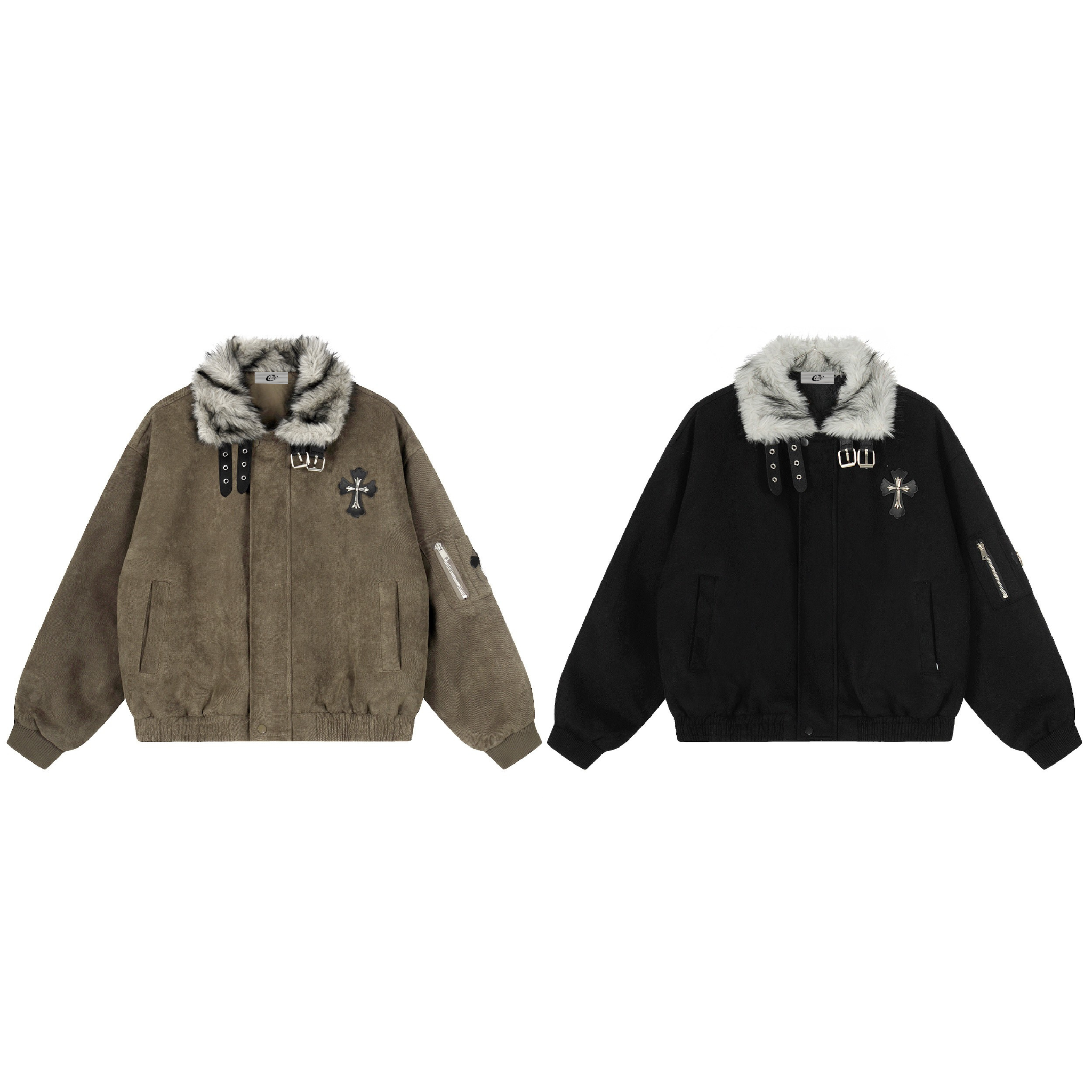 Faux fur collar suede-texture bomber jacket with buckle straps and cross patch in olive and black colorways