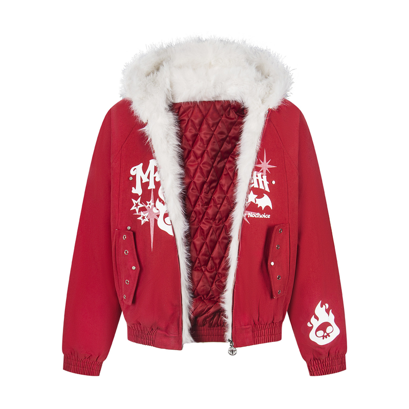 Faux Fur Collar Quilted Bomber Jacket | Streetwear Graphic
