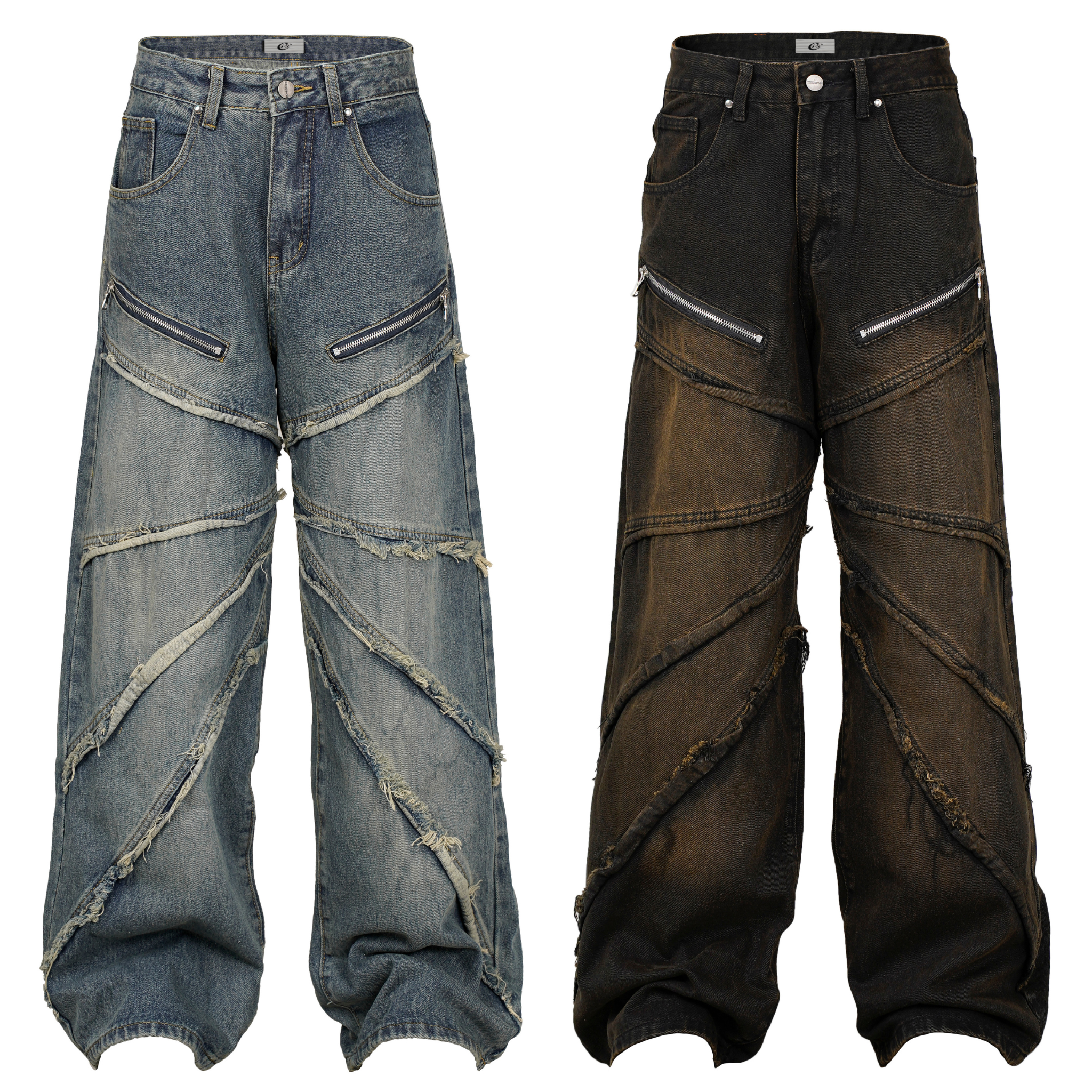 Front view of blue and dark rust wide-leg grunge jeans with spiral frayed seams and metal zip pockets