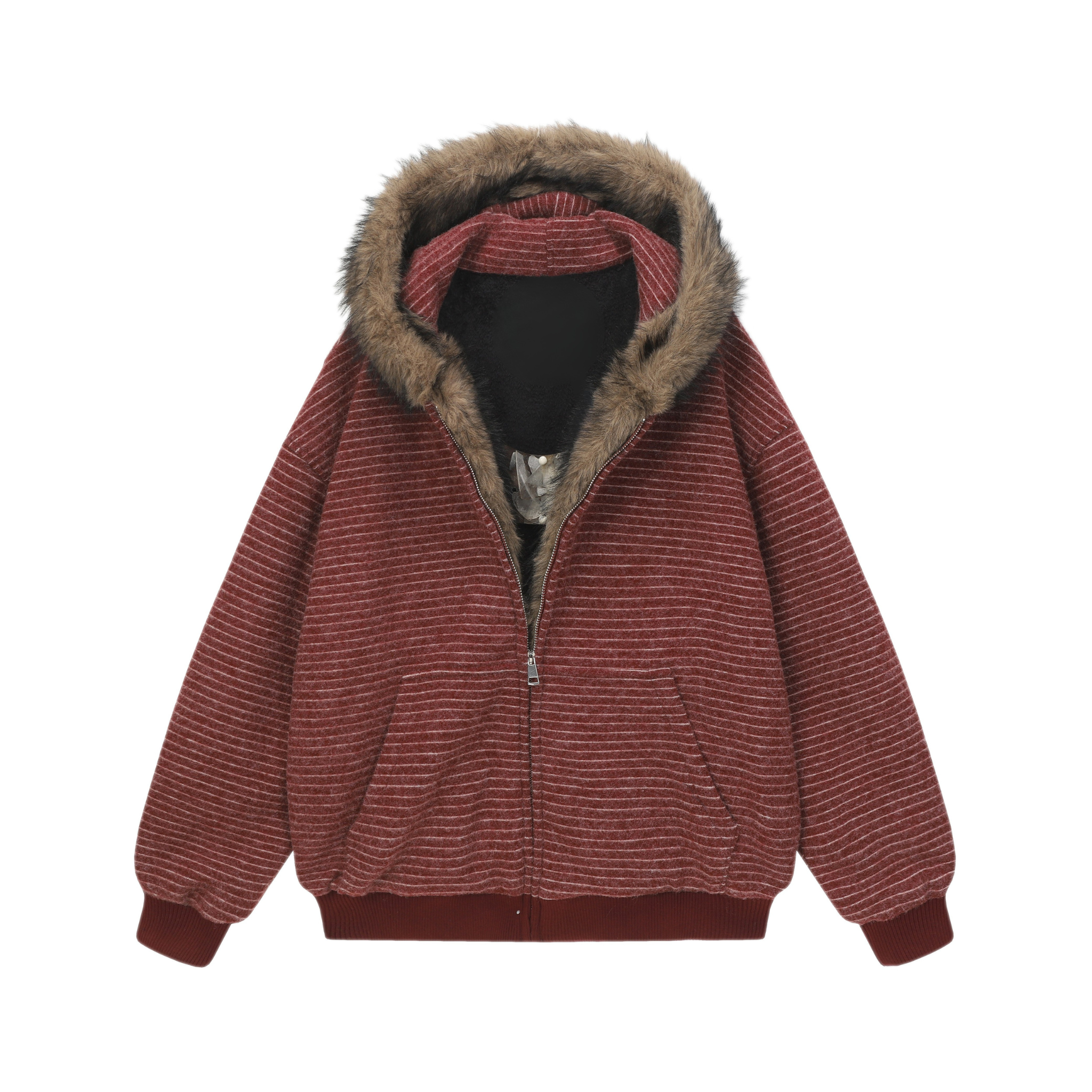Striped Faux Fur-Lined Zip-Up Hooded Jacket | Omirad