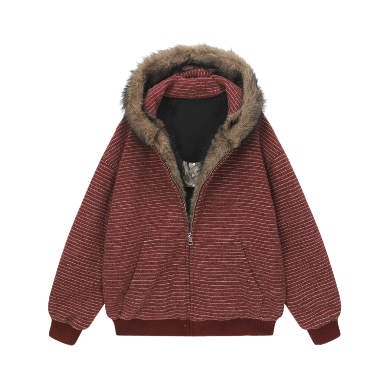 Striped Faux Fur-Lined Zip-Up Hooded Jacket | Omirad