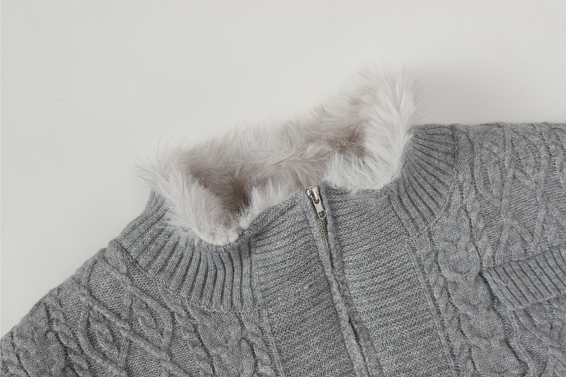 Fleece-Lined Cable Knit Zip Jacket | Faux Fur Collar