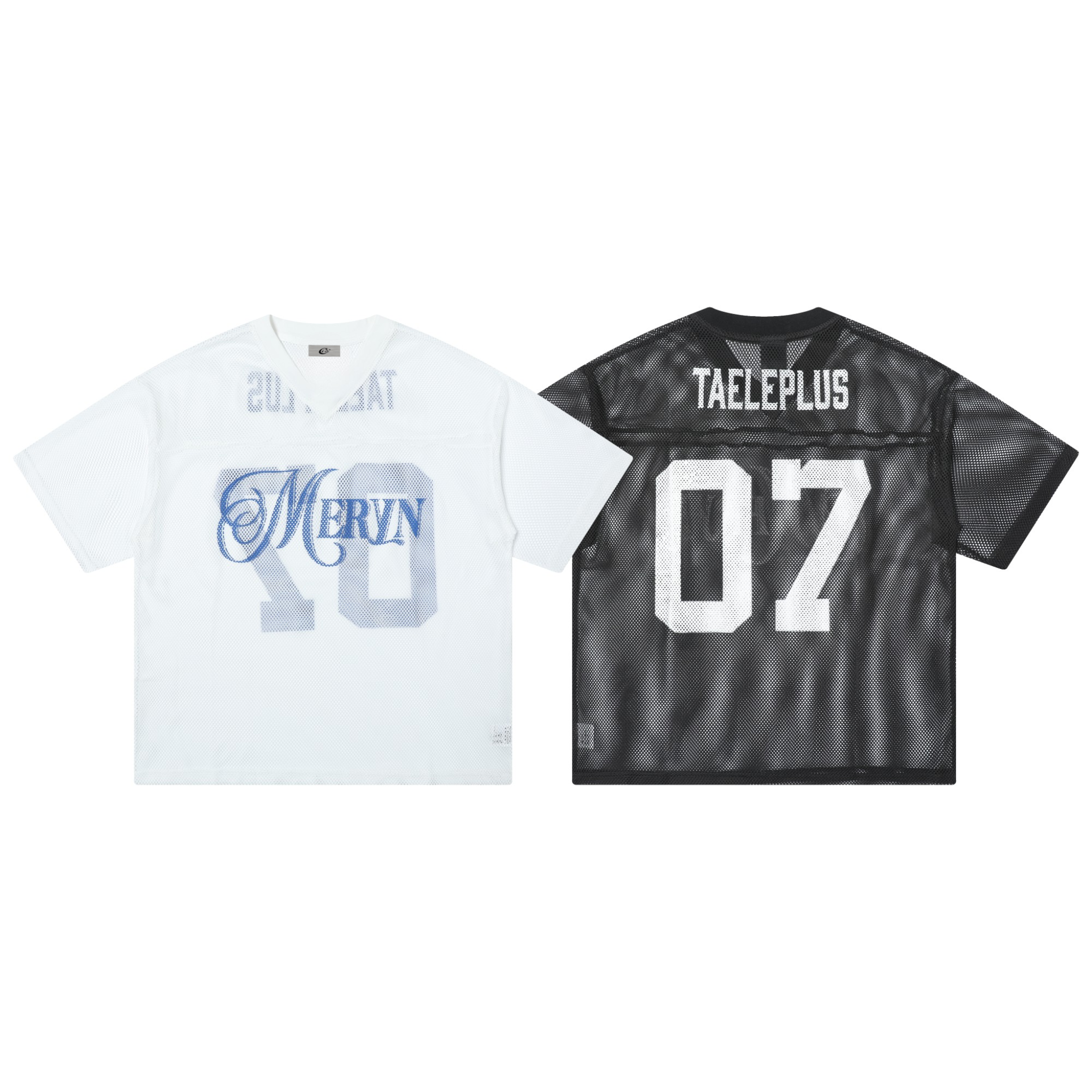 Front and back view of white and black oversized varsity mesh jersey tees with bold number and script logo graphics