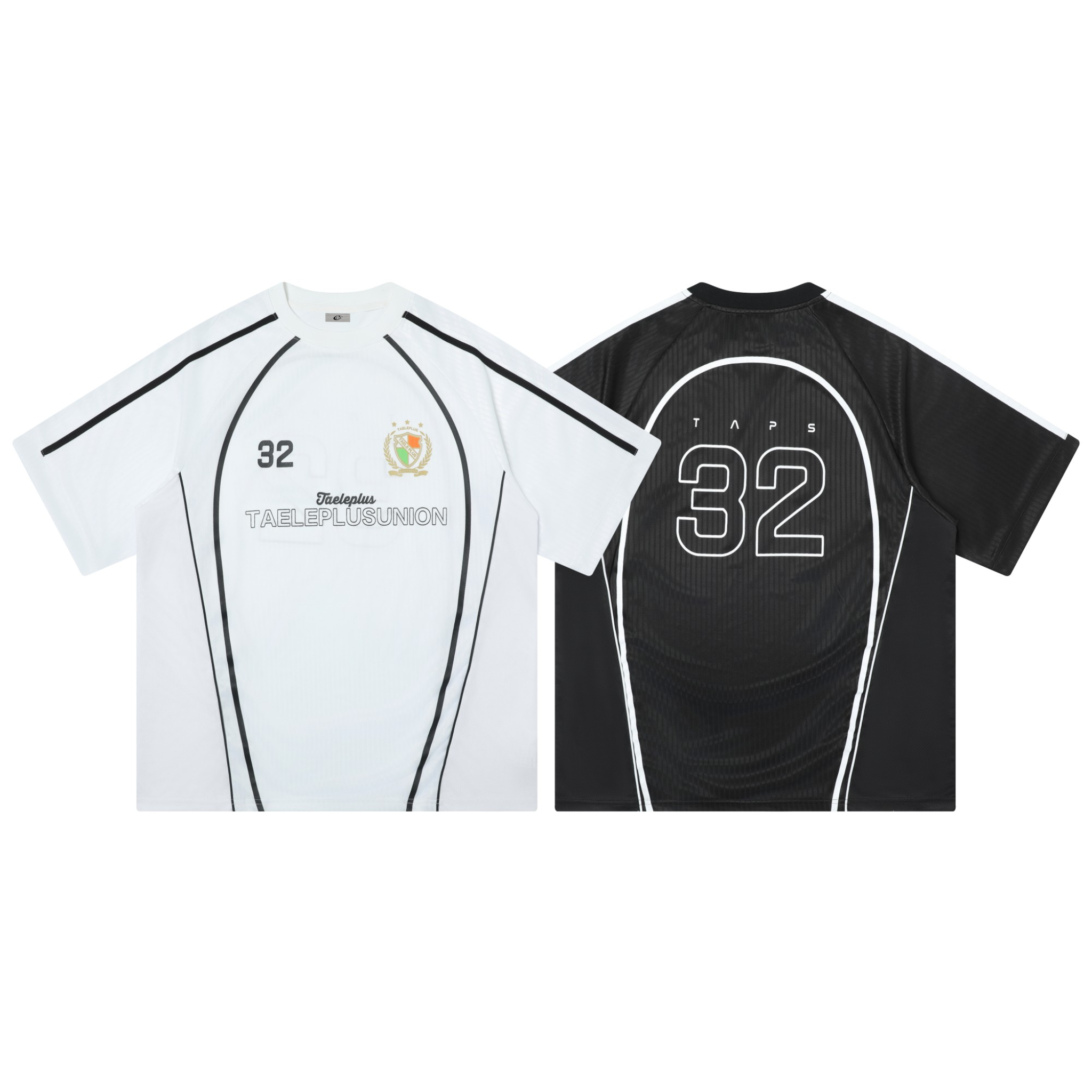 Front and back view of Taeleplus Union 32 sports jersey tee in white and black with contrast piping and number graphics