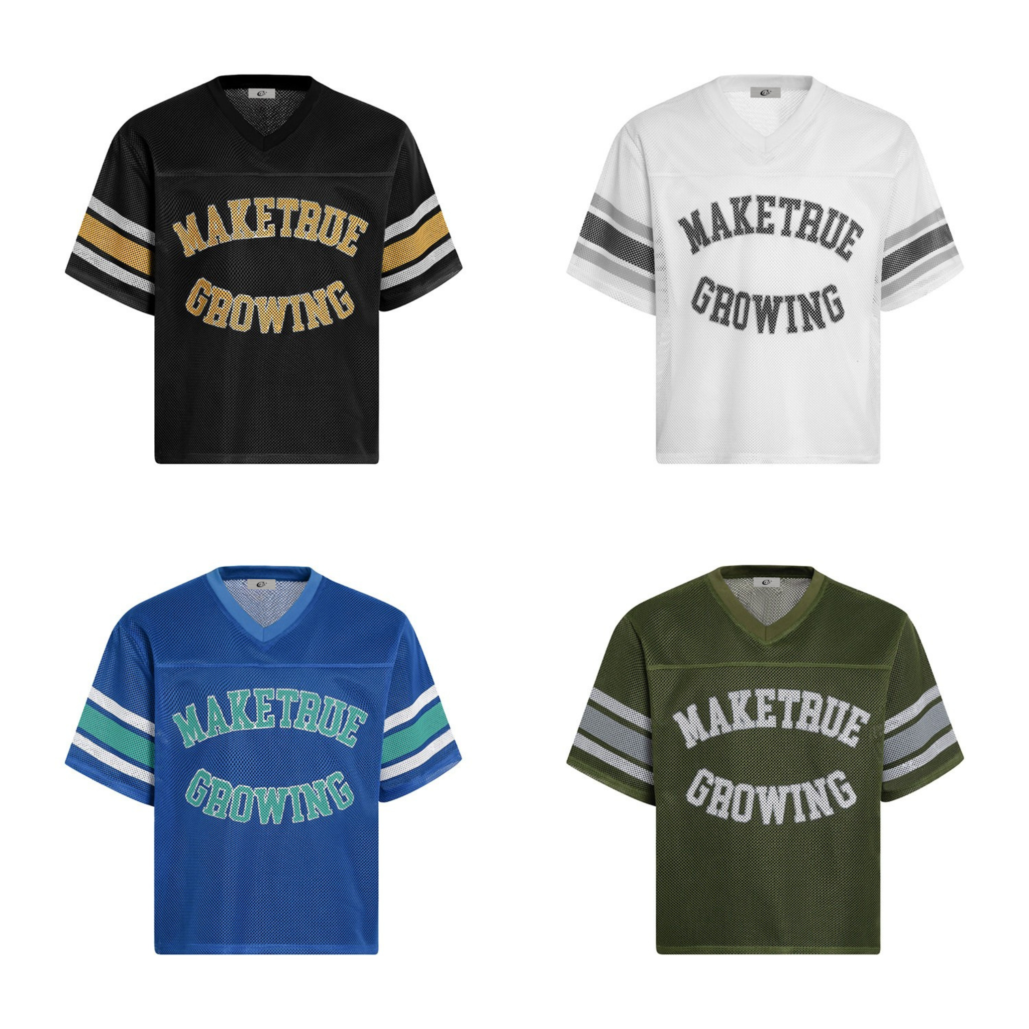 Black retro varsity mesh jersey with gold arched MAKETRUE GROWING lettering and double-stripe sleeves