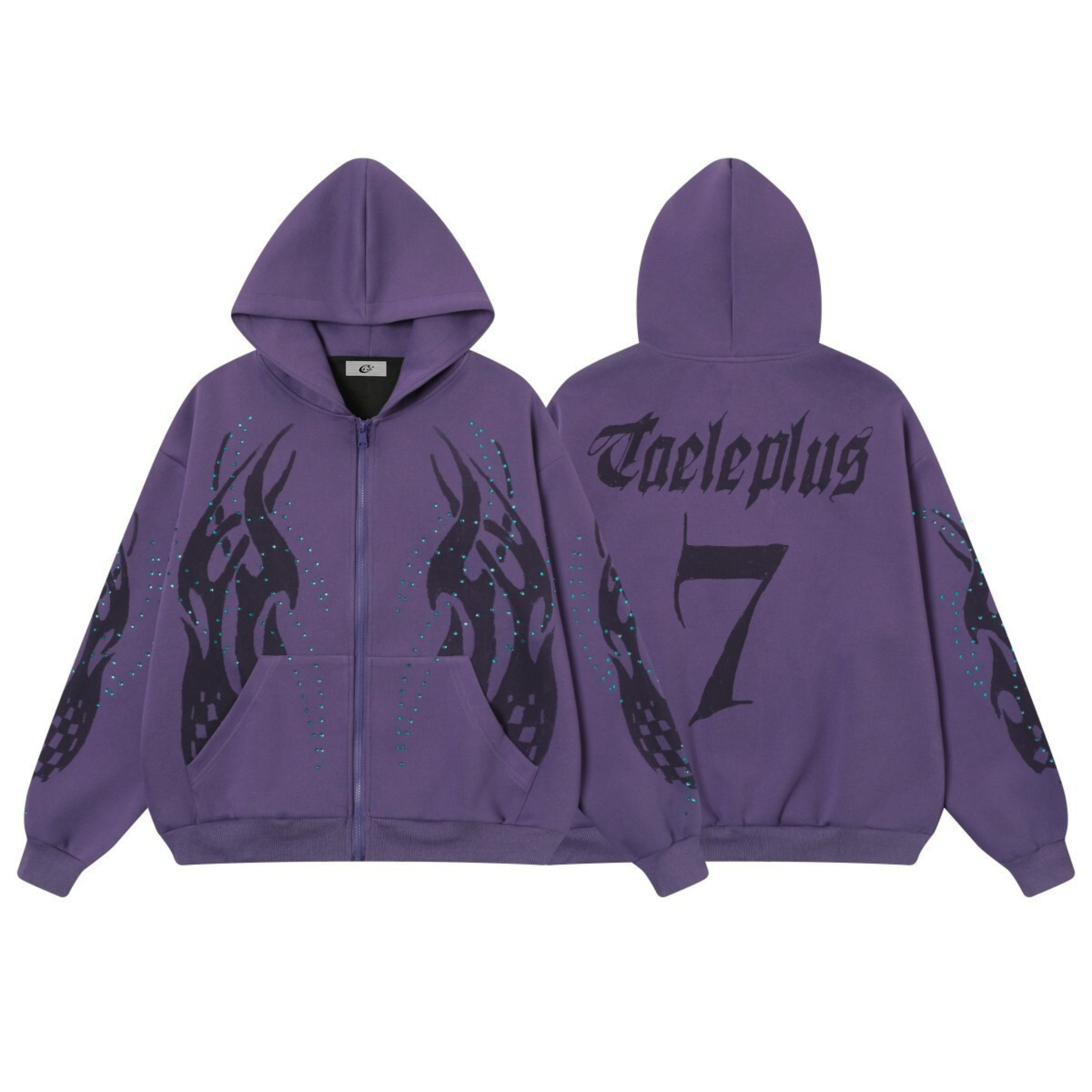 Flame Print Rhinestone Zip-Up Hoodie | Streetwear Oversized