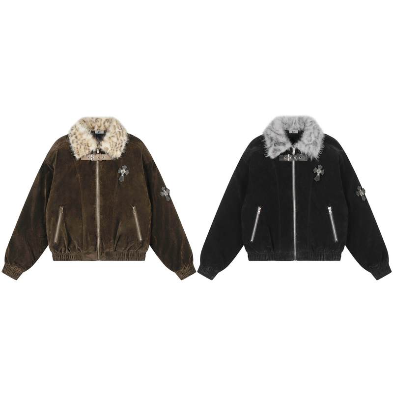 Faux Fur Collar Suede-Texture Bomber Jacket | Omirad