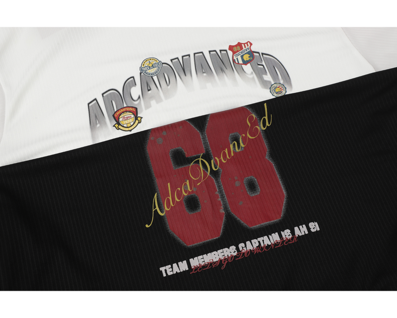 Close-up of front jersey graphic showing the 68 print on black and white mesh fabric
