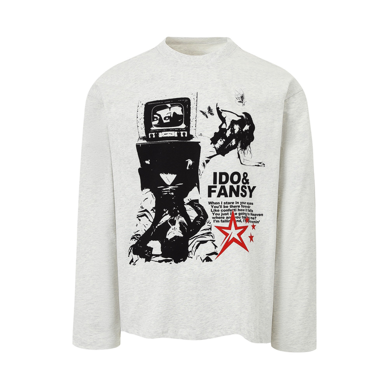 Heather gray long-sleeve tee front with black collage graphic and red star print