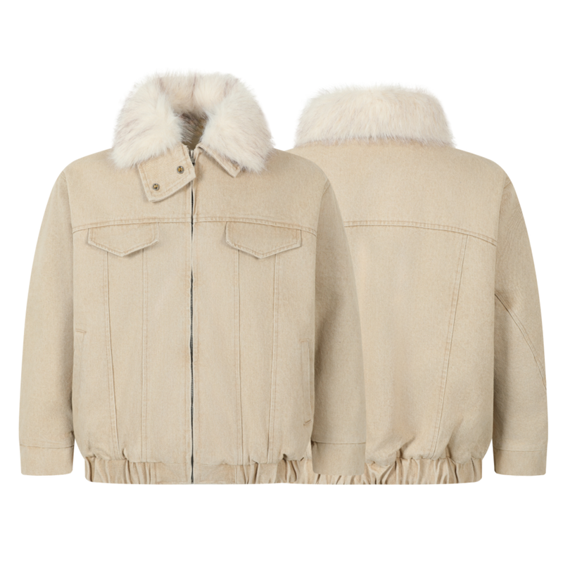 Faux Fur Collar Denim Jacket | Detachable Fur Zip-Up